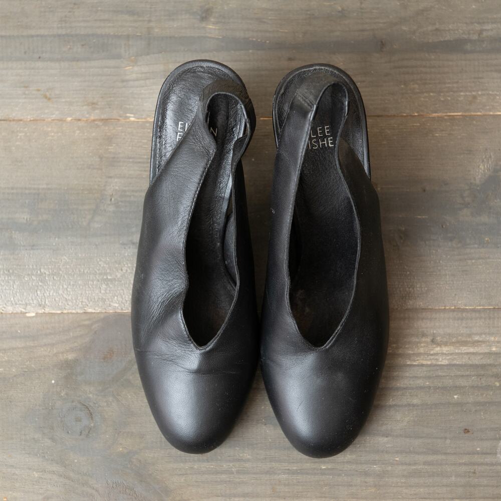 Eileen Fisher Black Leather Slides Block Heels Sz 7 Shoes Strappy